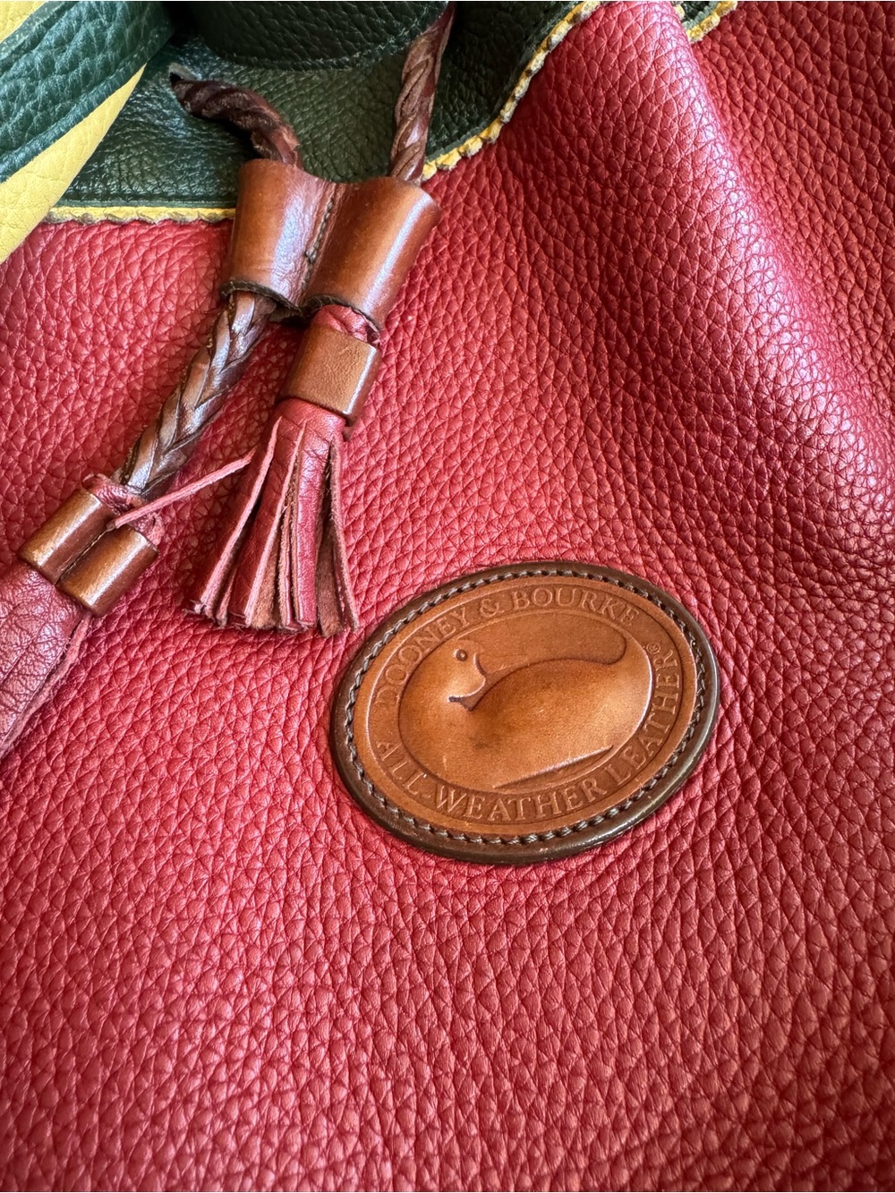 Dooney & Bourke Red Pebbled Leather Tassel Tote with Brown Trim